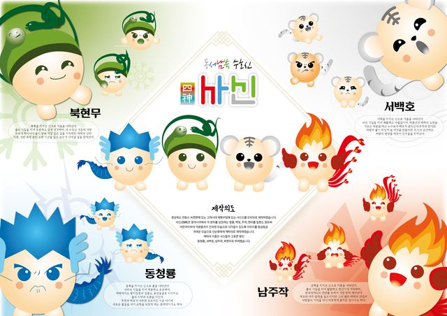 「동서남북 수호신 사신」 캐릭터 소개 이미지. 북현무(초록), 서백호(흰 호랑이), 동청룡(파랑), 남주작(불꽃) 캐릭터가 네 귀퉁이에 있고, 가운데에 제작의도 글이 있다.