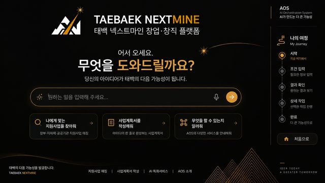 AOS 홈페이지 첫 화면. 검은 바탕에 ‘TAEBAEK NEXTMINE 태백 넥스트마인 창업·창직 플랫폼’ 로고와 ‘무엇을 도와드릴까요?’ 입력창, ‘나에게 맞는 지원사업을 찾아줘’와 ‘사업계획서를 작성해줘’ 같은 버튼이 있다. 오른쪽 위에 ‘AOS AI Orchestration System’이라고 적혀 있다.